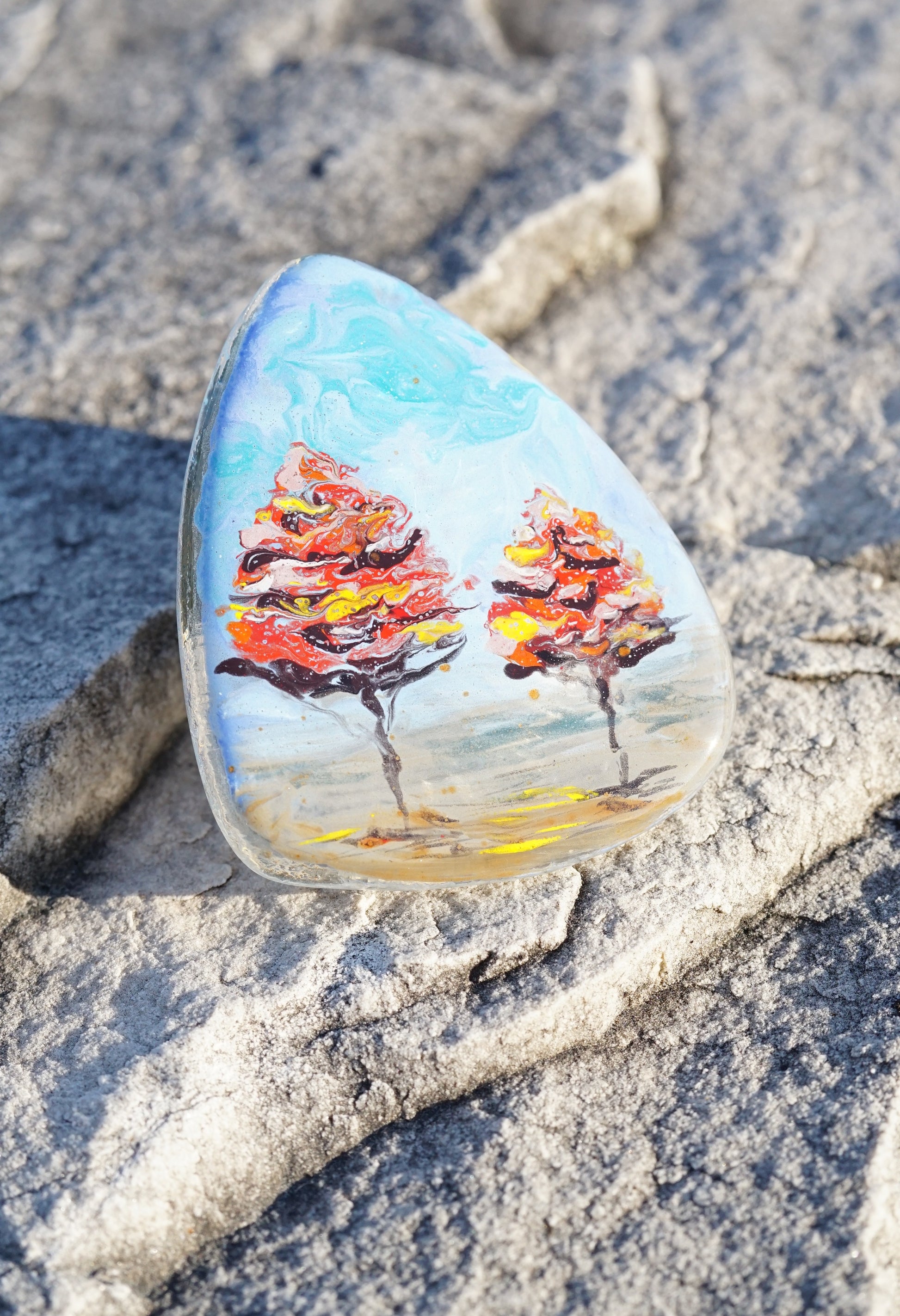 Teardrop Glass Brooch – Fall Trees Landscape