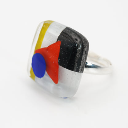 Geometric Square Glass Ring With Silver Band | Kazimir Malevich, The Suprematism