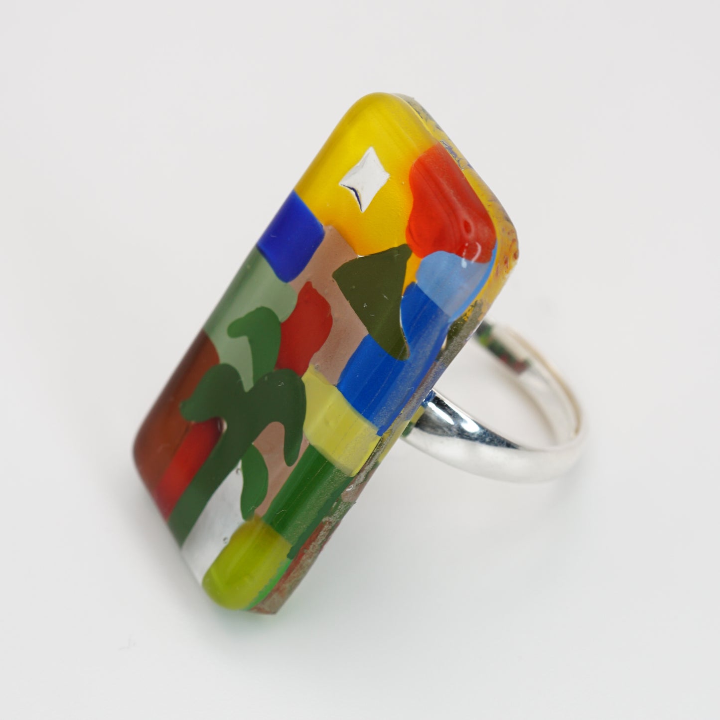 Fancy Rectangle Art Glass Ring With Silver Band | Paul Klee, The Tunisian garden