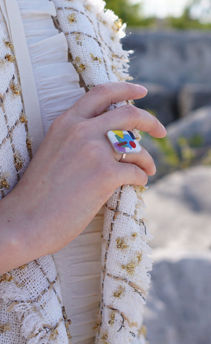 Multicolored Enamel Geometric-Pattern Ring With Silver Band | Kazimir Malevich, The Suprematism