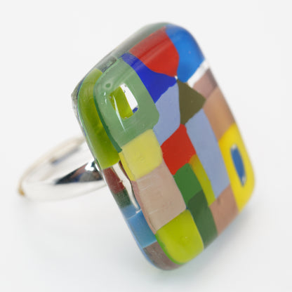 Statement Square Art Glass Ring With Silver Band | Paul Klee, The Tunisian garden