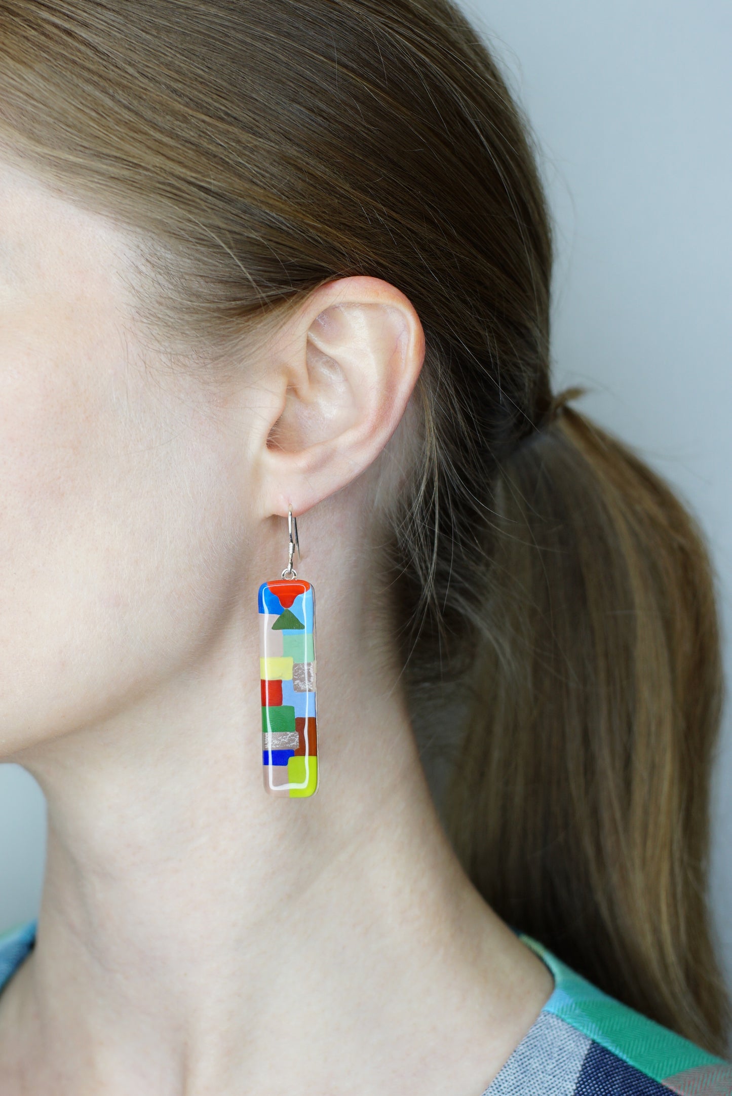 Dangle Art Glass Vertical Bar Earrings with Silver French hook | Paul Klee, The Tunisian garden