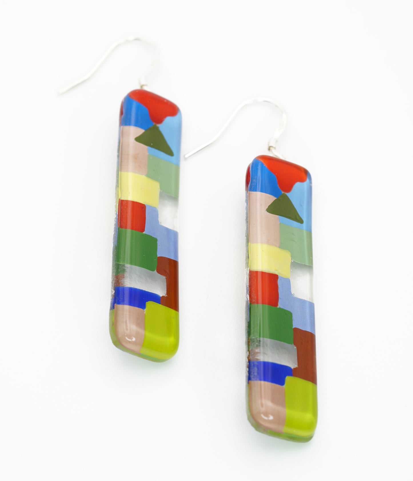 Dangle Art Glass Vertical Bar Earrings with Silver French hook | Paul Klee, The Tunisian garden