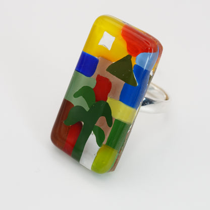 Fancy Rectangle Art Glass Ring With Silver Band | Paul Klee, The Tunisian garden