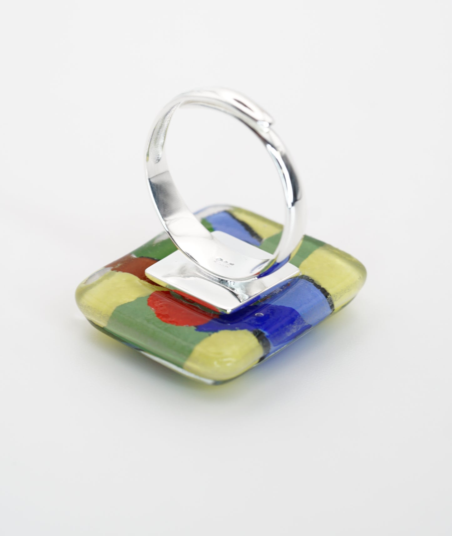 Enameled Square Art Glass Ring With Silver Band | Paul Klee, The Rumors