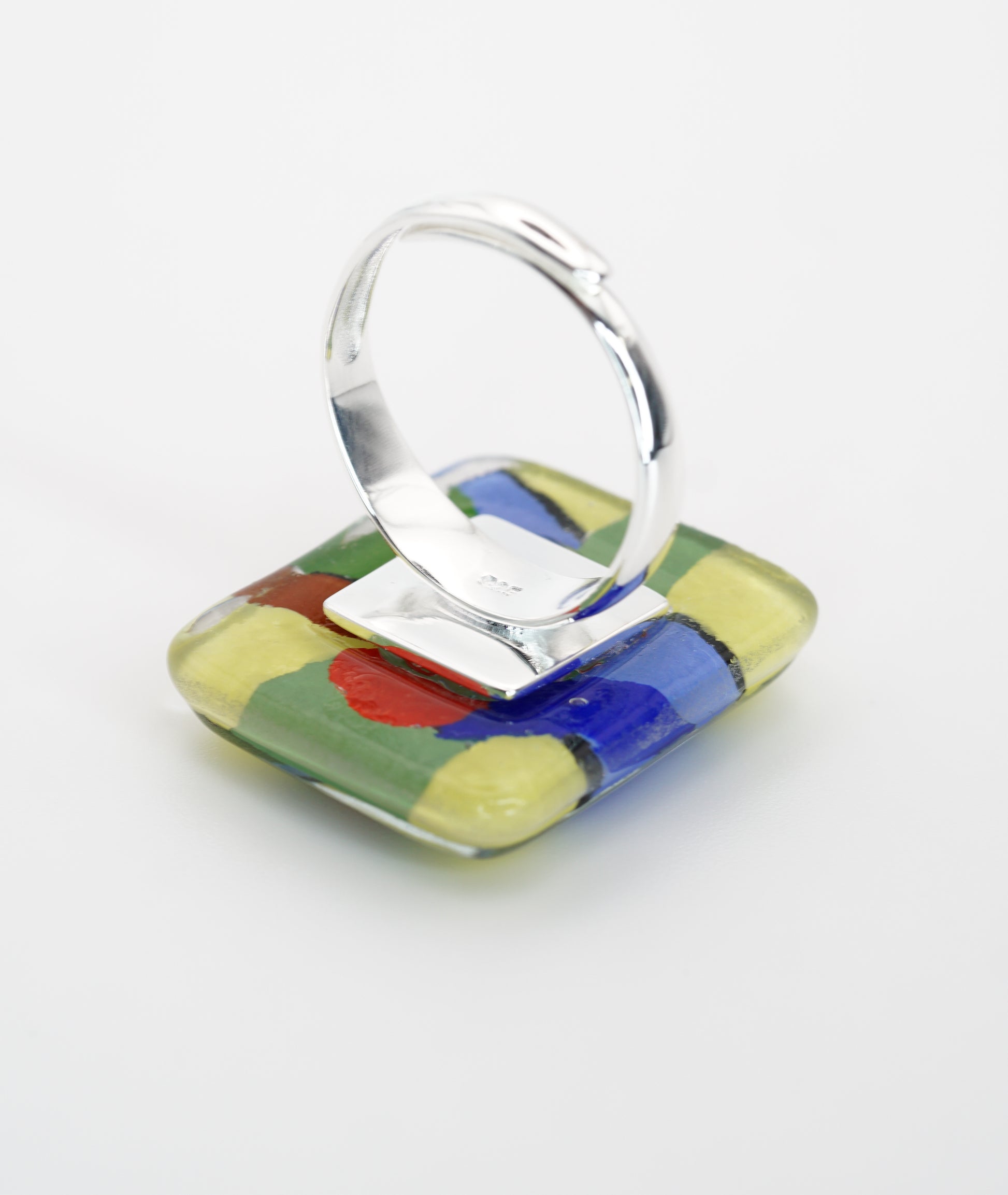 Enameled Square Art Glass Ring With Silver Band | Paul Klee, The Rumors