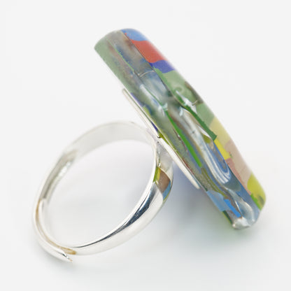 Statement Square Art Glass Ring With Silver Band | Paul Klee, The Tunisian garden