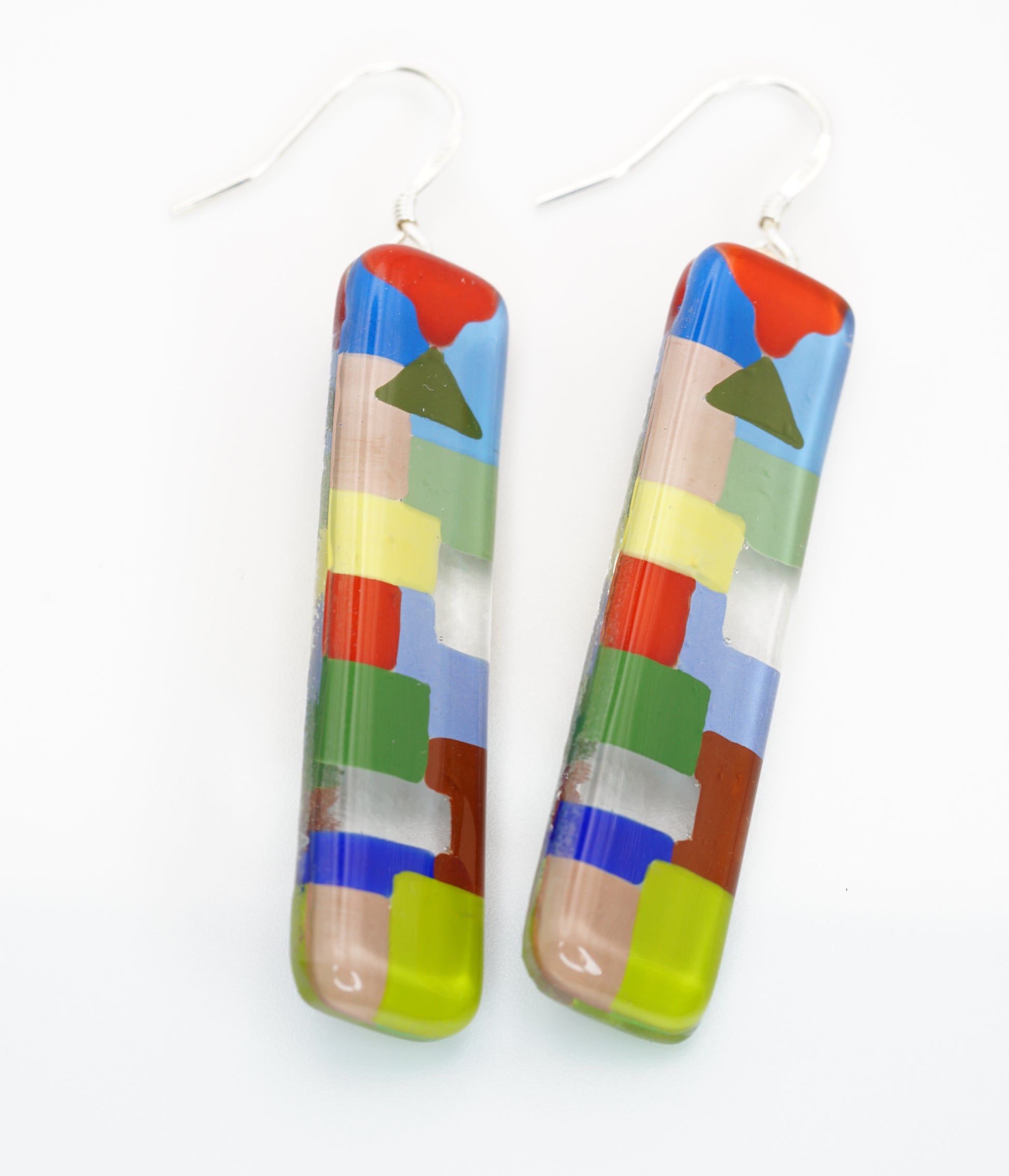 Dangle Art Glass Vertical Bar Earrings with Silver French hook | Paul Klee, The Tunisian garden