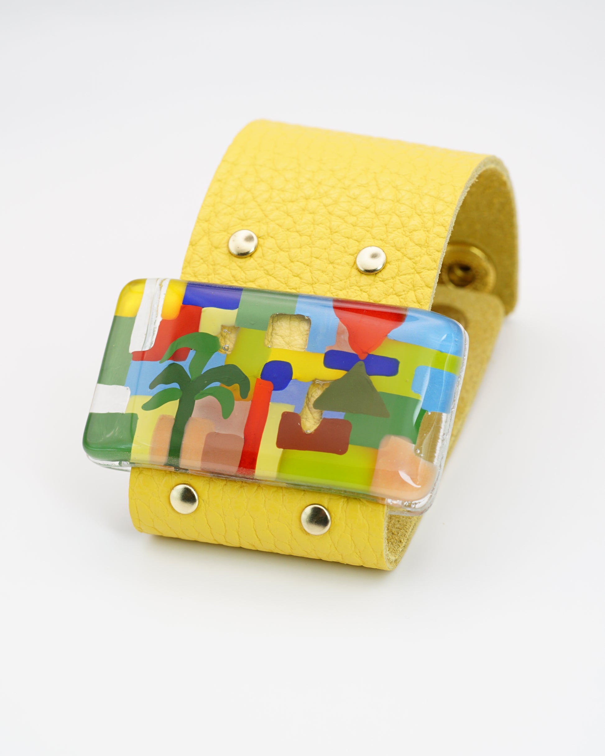 Enamel Art Glass Bangle With Yellow Leather Band | Paul Klee, The Tunisian garden