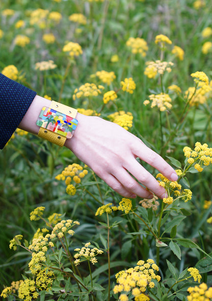 Enamel Art Glass Bangle With Yellow Leather Band | Paul Klee, The Tunisian garden