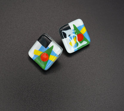 Abstract Glass Square Earrings with Silver Stud | Kazimir Malevich, The Suprematism