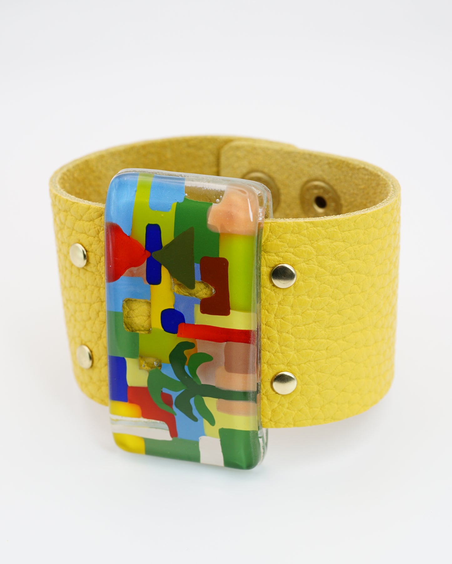 Enamel Art Glass Bangle With Yellow Leather Band | Paul Klee, The Tunisian garden