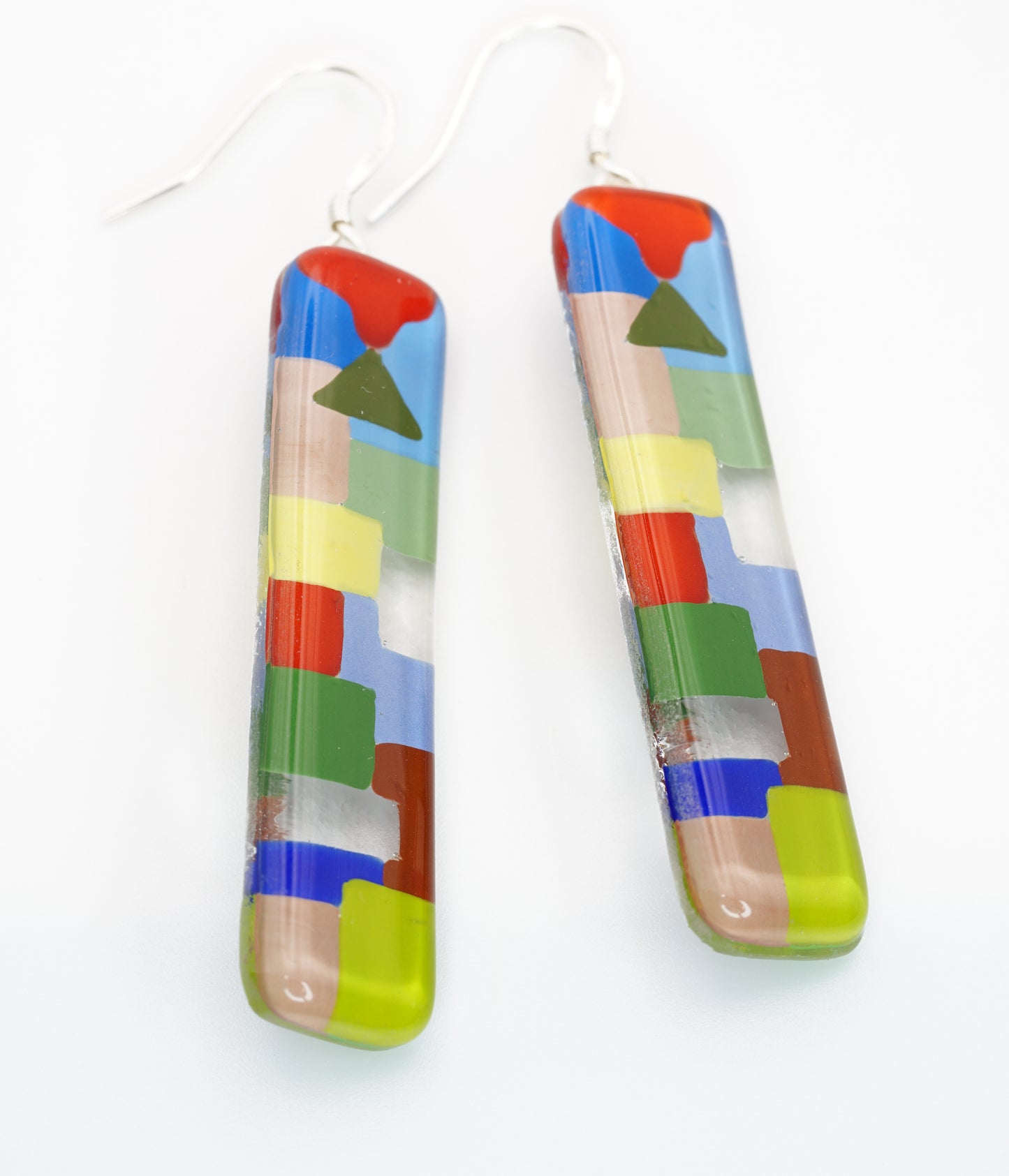 Dangle Art Glass Vertical Bar Earrings with Silver French hook | Paul Klee, The Tunisian garden