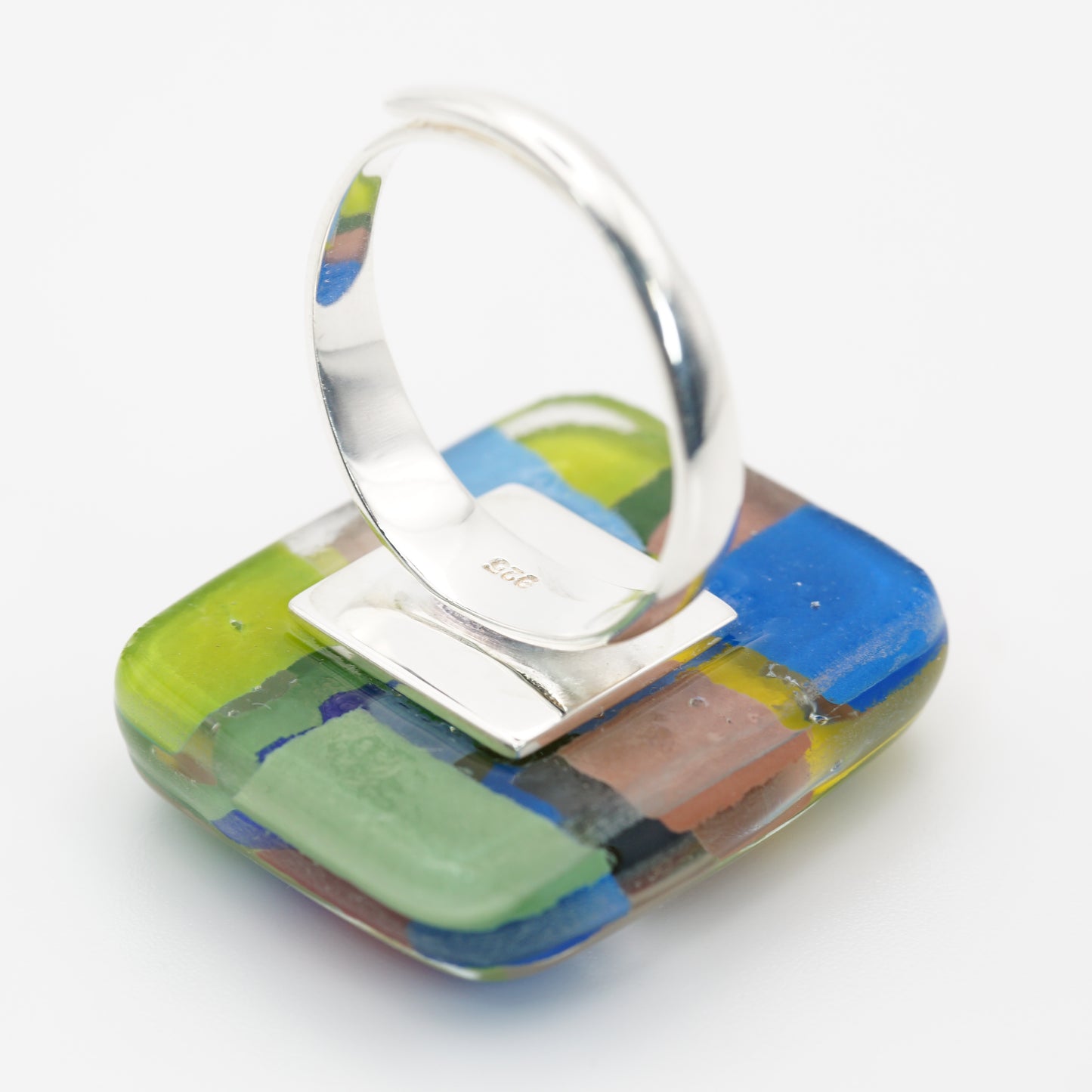 Statement Square Art Glass Ring With Silver Band | Paul Klee, The Tunisian garden