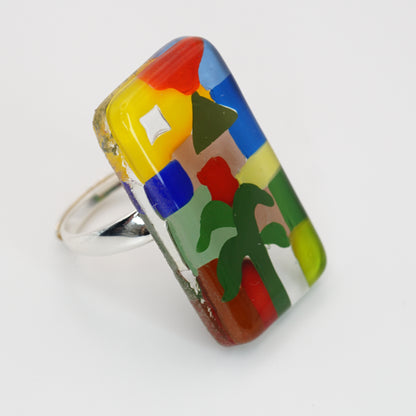 Fancy Rectangle Art Glass Ring With Silver Band | Paul Klee, The Tunisian garden