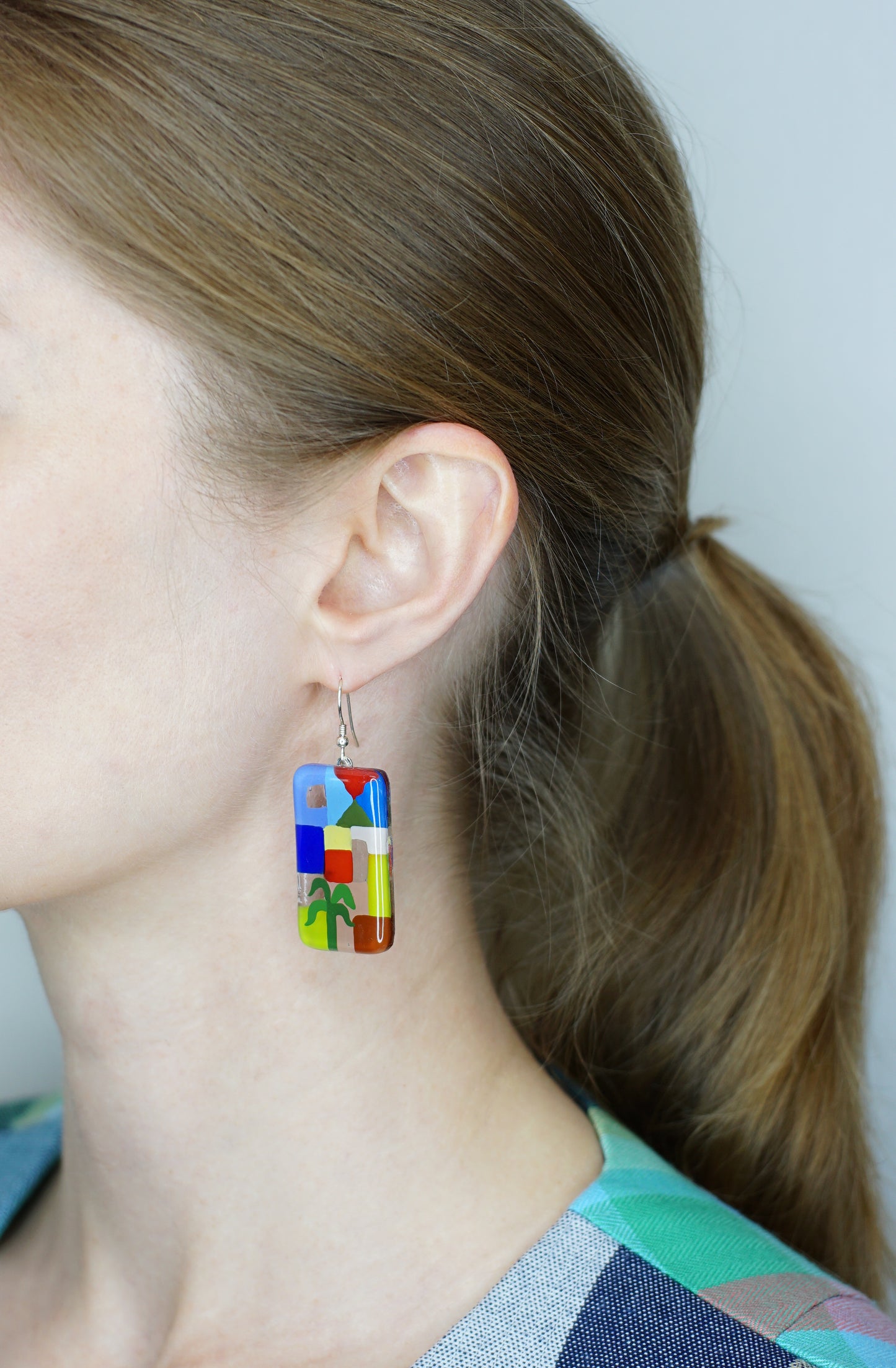 Enamel Art Glass Vertical Rectangle Earrings with Silver French hook | Paul Klee, The Tunisian garden