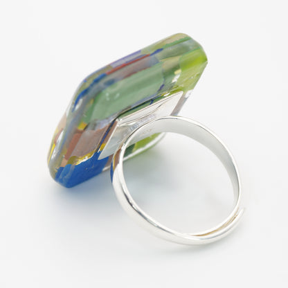 Statement Square Art Glass Ring With Silver Band | Paul Klee, The Tunisian garden