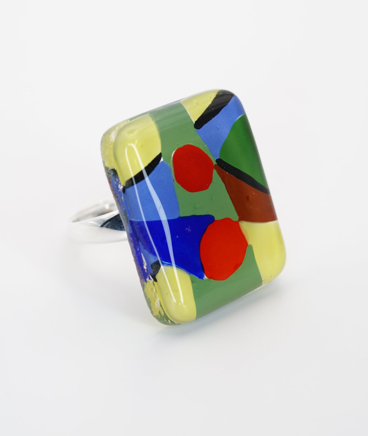 Enameled Square Art Glass Ring With Silver Band | Paul Klee, The Rumors