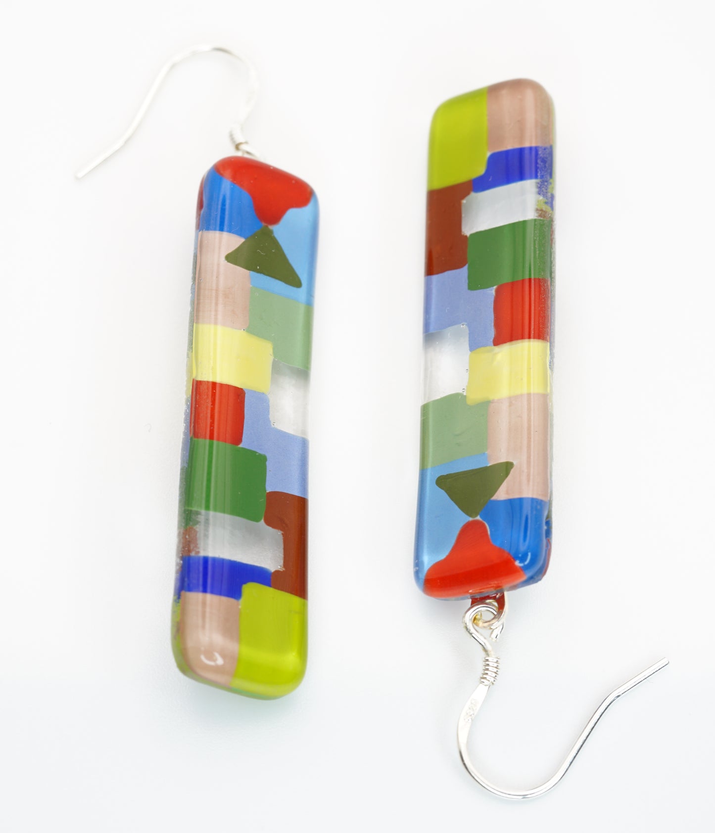 Dangle Art Glass Vertical Bar Earrings with Silver French hook | Paul Klee, The Tunisian garden