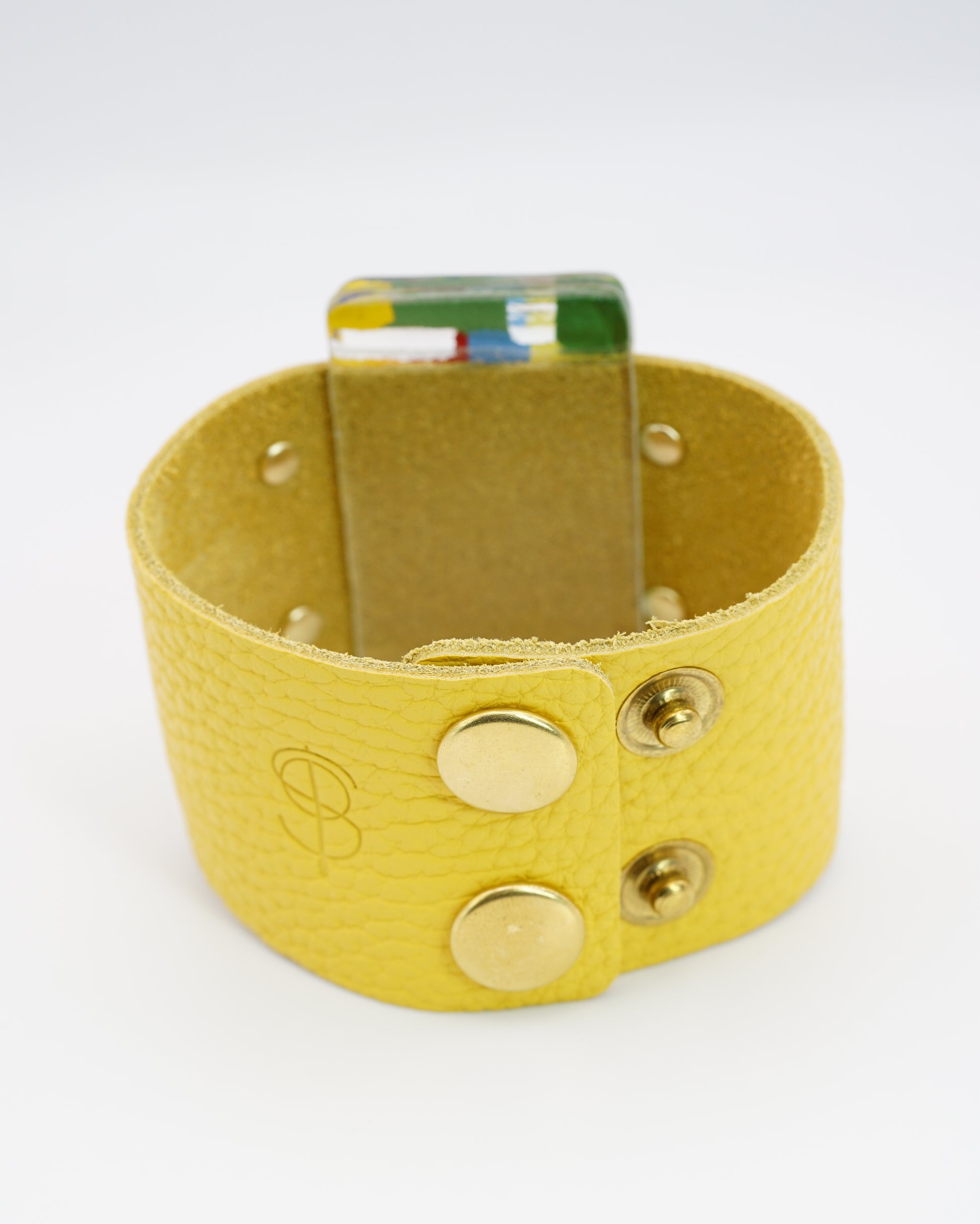 Enamel Art Glass Bangle With Yellow Leather Band | Paul Klee, The Tunisian garden