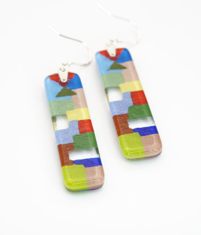 Dangle Art Glass Vertical Bar Earrings with Silver French hook | Paul Klee, The Tunisian garden