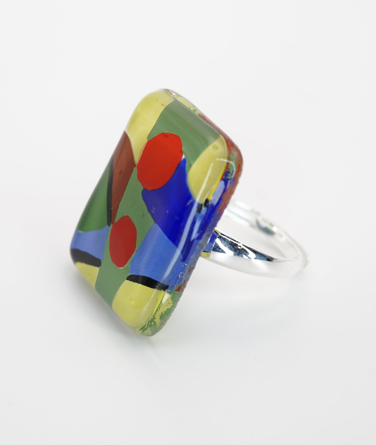 Enameled Square Art Glass Ring With Silver Band | Paul Klee, The Rumors