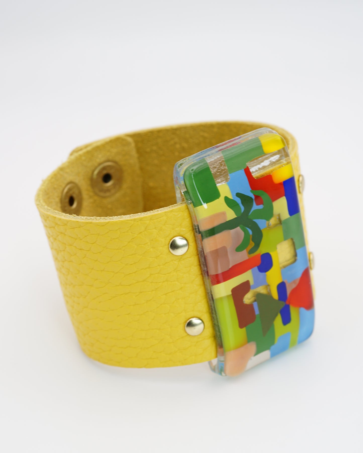 Enamel Art Glass Bangle With Yellow Leather Band | Paul Klee, The Tunisian garden