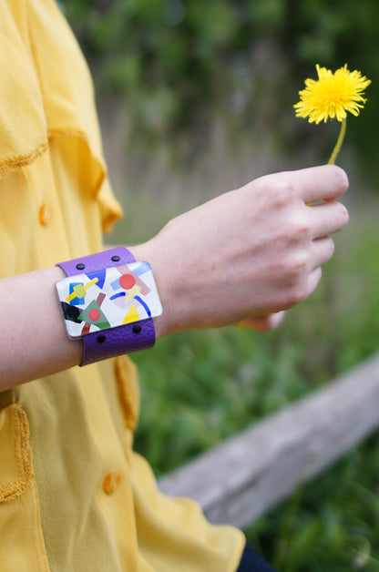 Unique Glass Bracelet With Purple Leather Band | Kazimir Malevich, The Suprematism