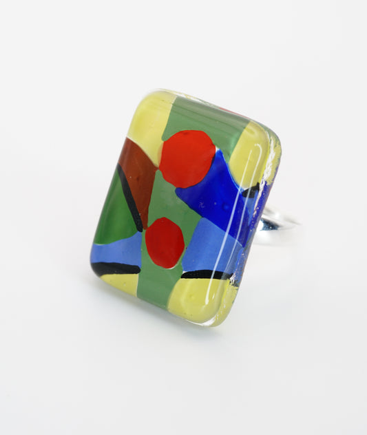 Enameled Square Art Glass Ring With Silver Band | Paul Klee, The Rumors