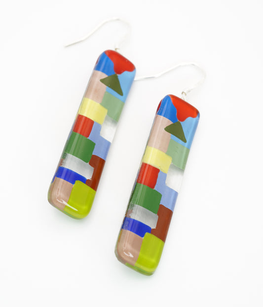 Dangle Art Glass Vertical Bar Earrings with Silver French hook | Paul Klee, The Tunisian garden