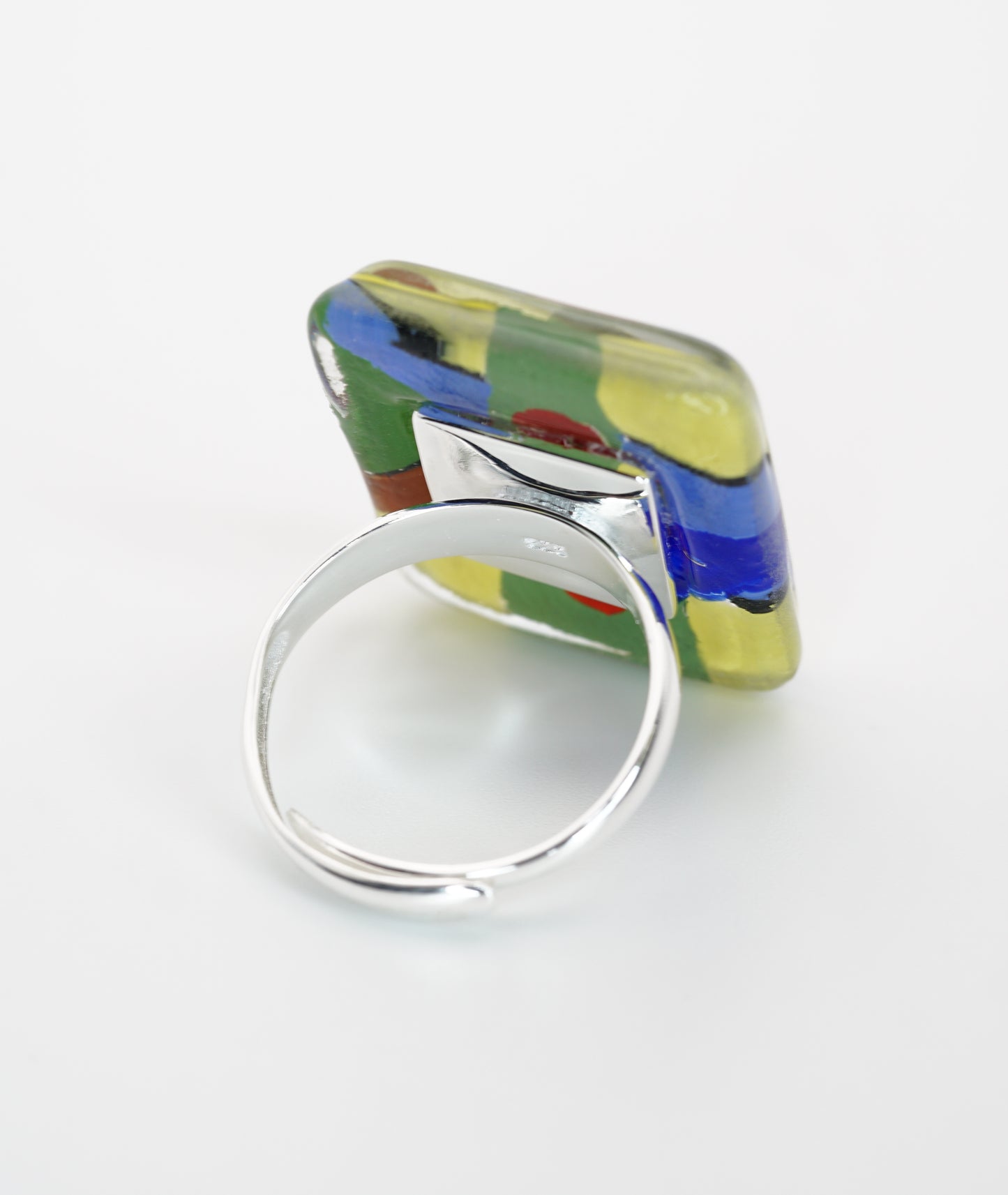 Enameled Square Art Glass Ring With Silver Band | Paul Klee, The Rumors