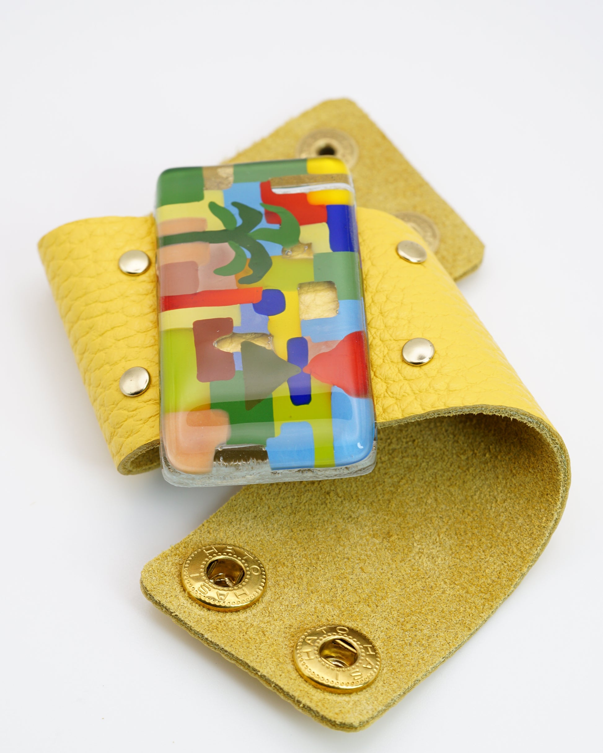 Enamel Art Glass Bangle With Yellow Leather Band | Paul Klee, The Tunisian garden