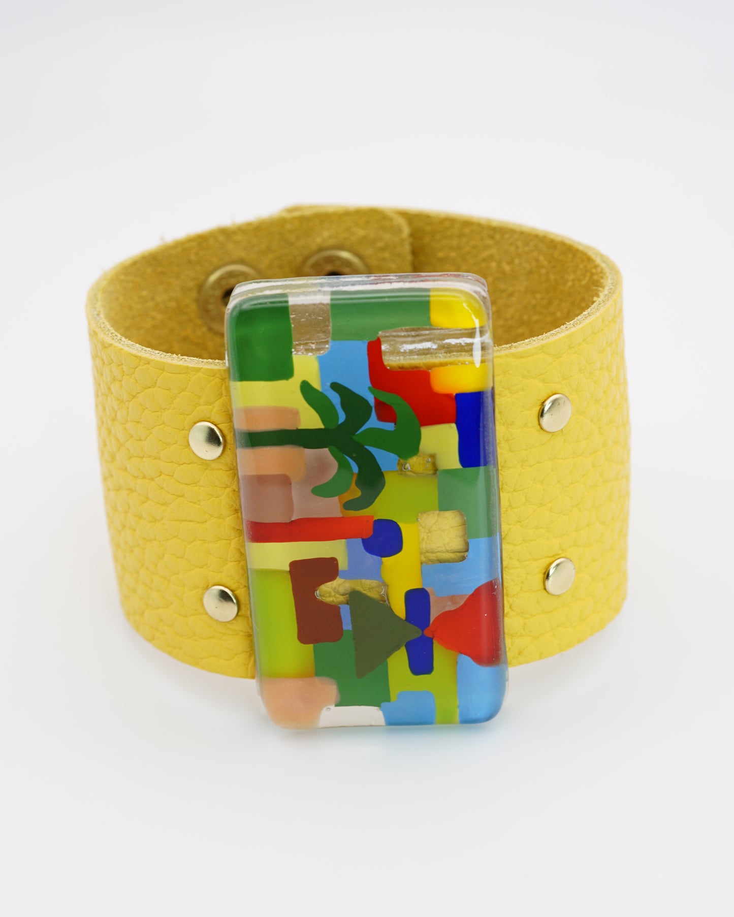 Enamel Art Glass Bangle With Yellow Leather Band | Paul Klee, The Tunisian garden