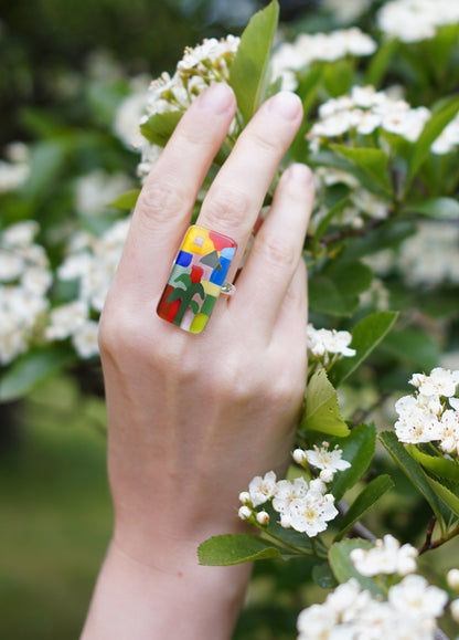 Fancy Rectangle Art Glass Ring With Silver Band | Paul Klee, The Tunisian garden