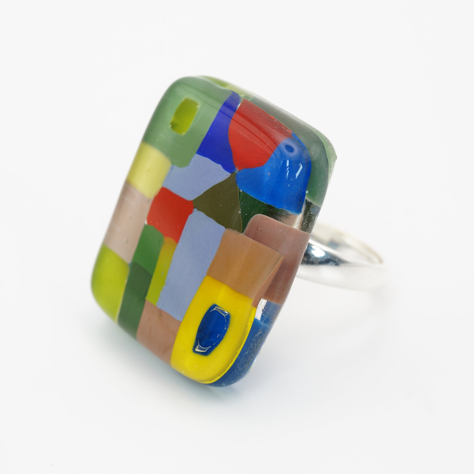 Statement Square Art Glass Ring With Silver Band | Paul Klee, The Tunisian garden