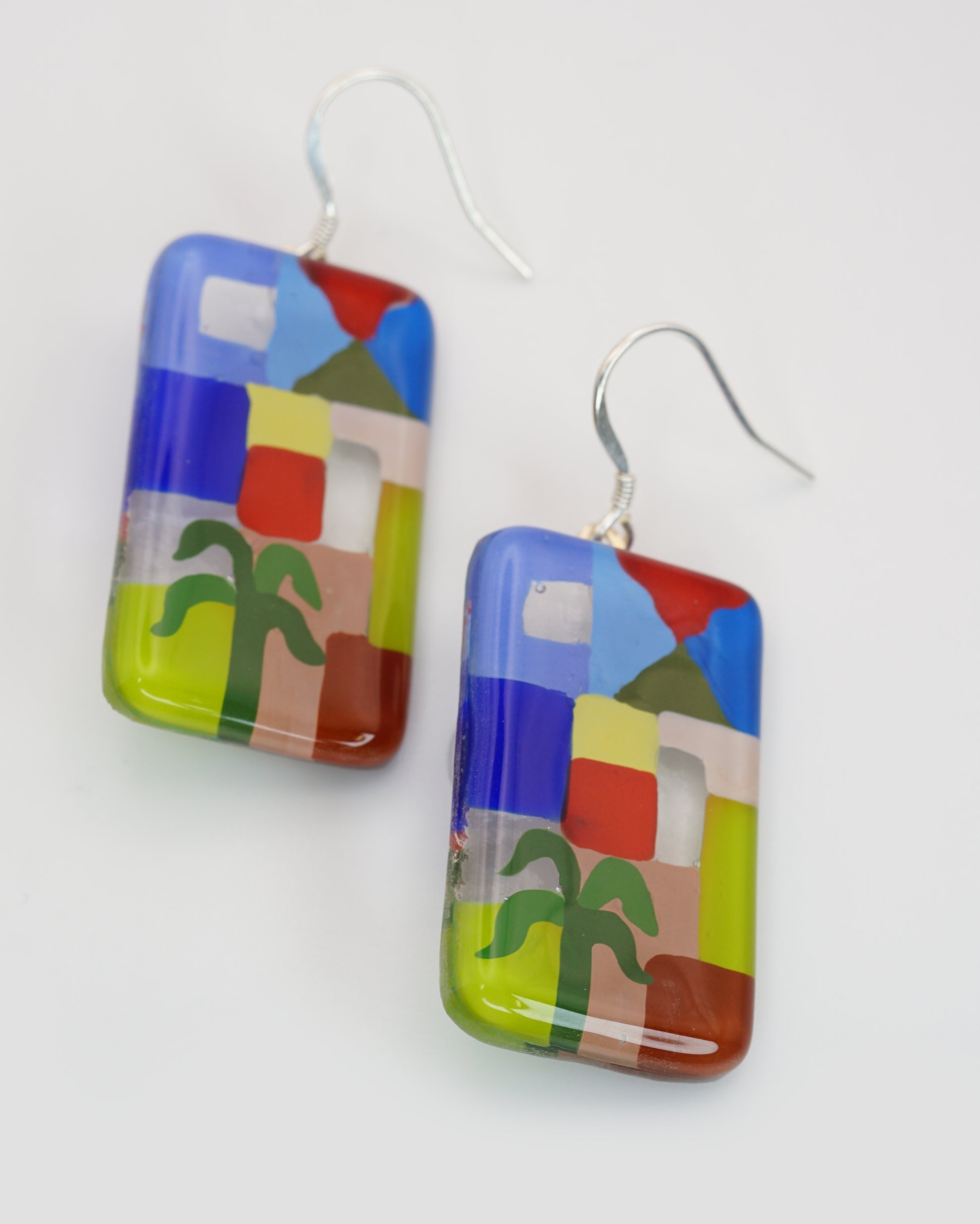 Enamel Art Glass Vertical Rectangle Earrings with Silver French hook | Paul Klee, The Tunisian garden