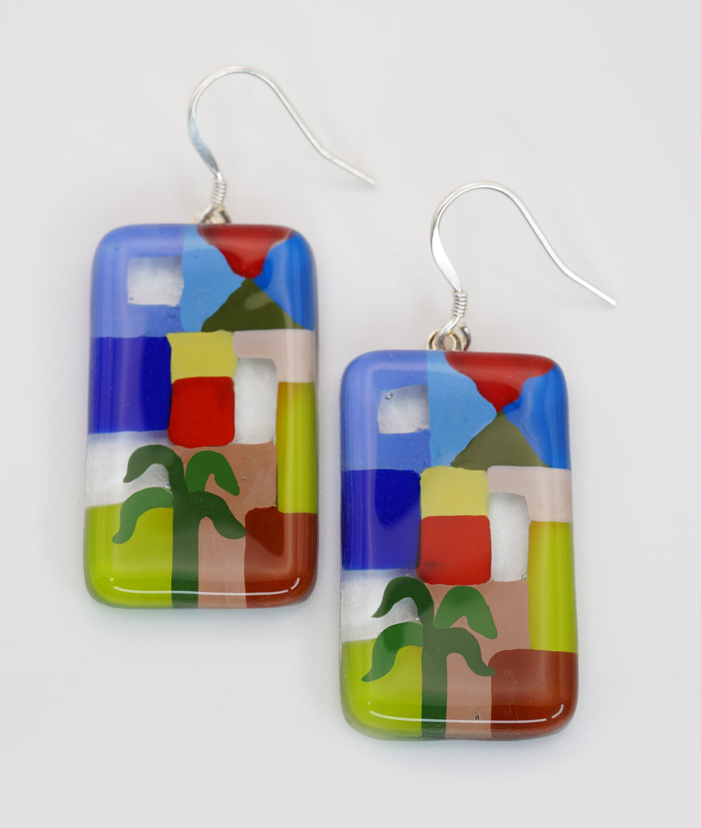Enamel Art Glass Vertical Rectangle Earrings with Silver French hook | Paul Klee, The Tunisian garden