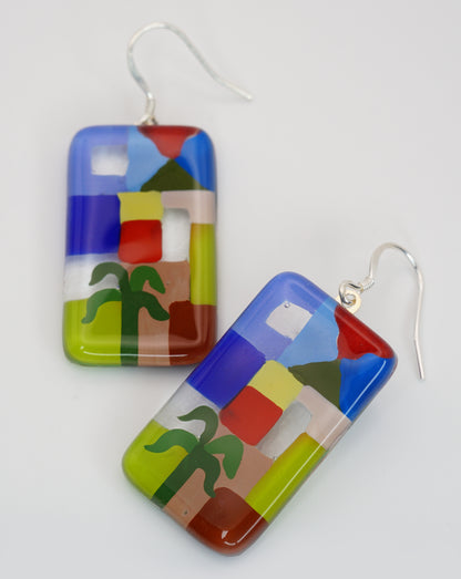 Enamel Art Glass Vertical Rectangle Earrings with Silver French hook | Paul Klee, The Tunisian garden