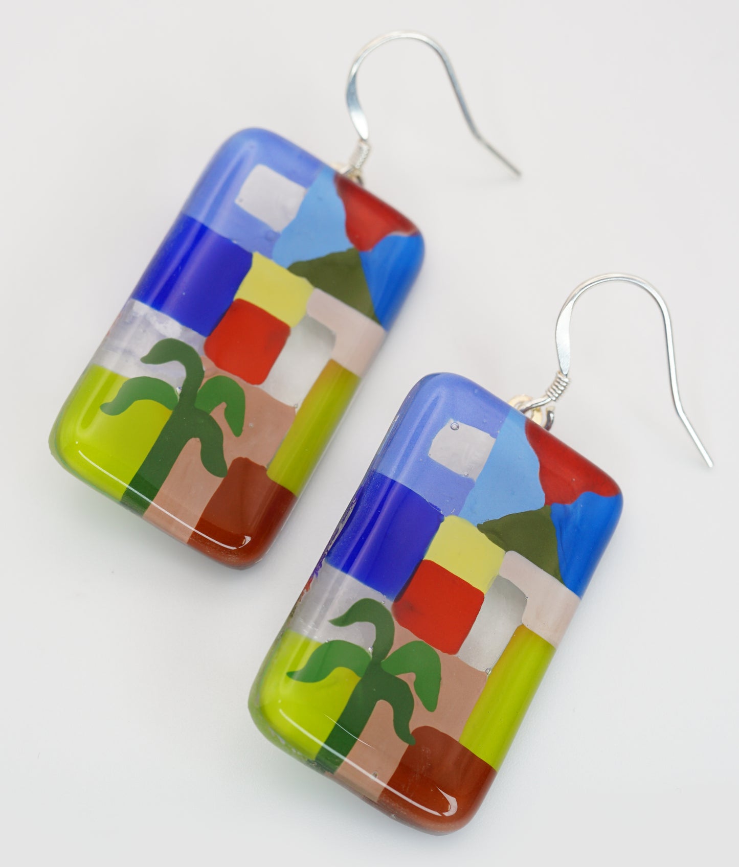 Enamel Art Glass Vertical Rectangle Earrings with Silver French hook | Paul Klee, The Tunisian garden