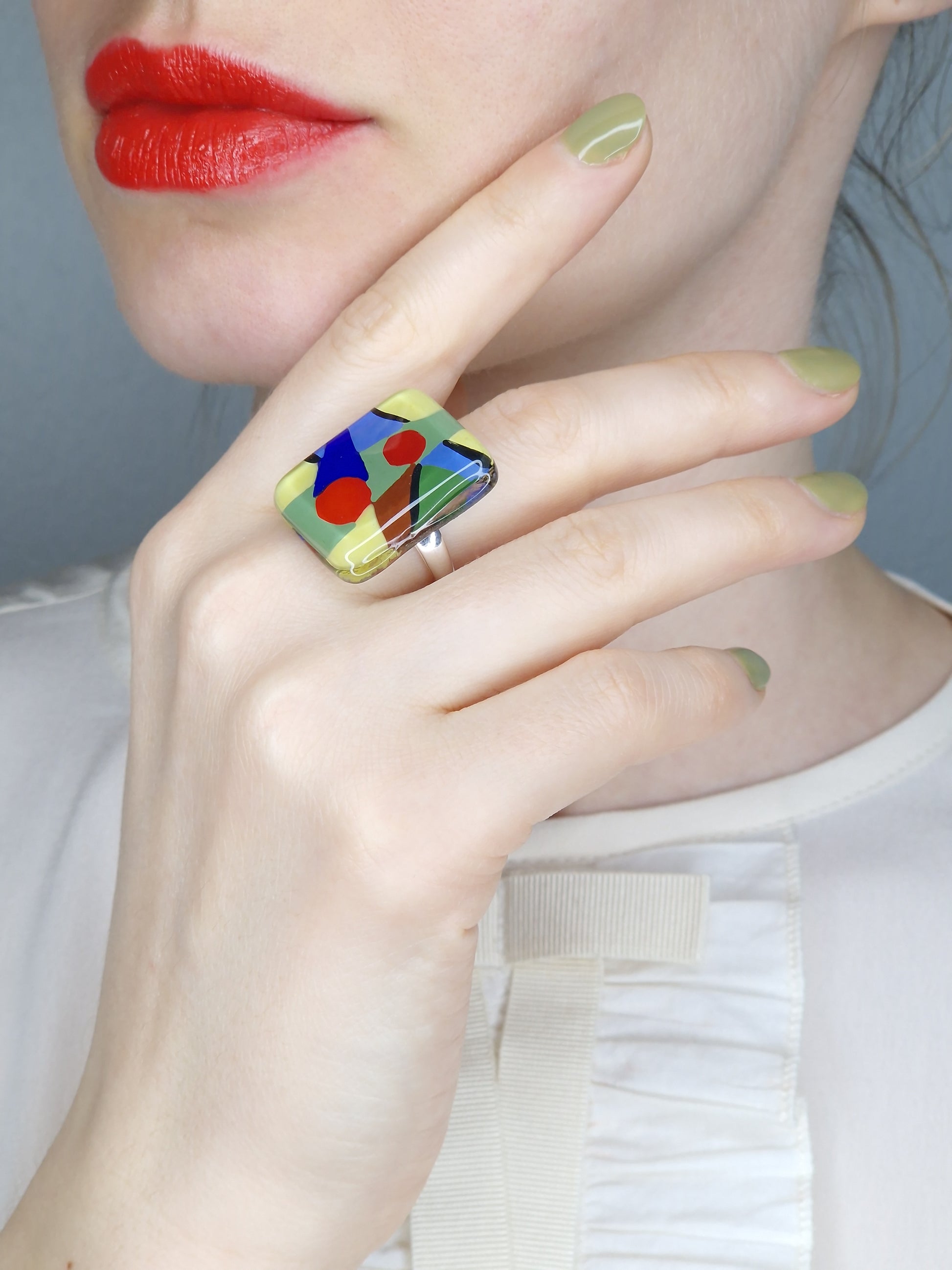 Statement & Enameled Square Glass Art Ring | Paul Klee, The Rumors